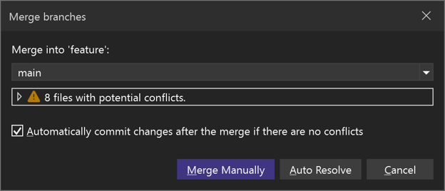 A VS Code 'Merge branches' dialog box showing options to merge into 'main' with a warning that 8 files have potential conflicts.
