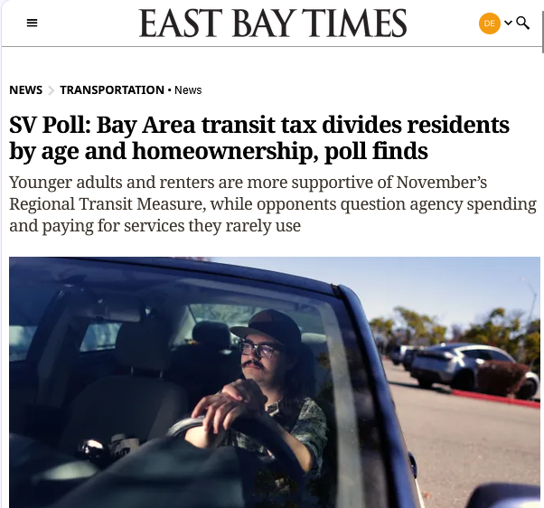 debora_allen1's tweet photo. New polling shows support for Measure RTM is falling.  Well at least this time @BayAreaNewsHQ put a little disclaimer next to @SPUR transit apocalypse report link noting they are the sponsors of the sales tax increase measure. Not only are they sponsoring it, they helped write the legislation and the initiative, are co-leading the political campaign, AND feeding campaign propaganda to bay area media disguised as "research". Perhaps I am making a small difference.