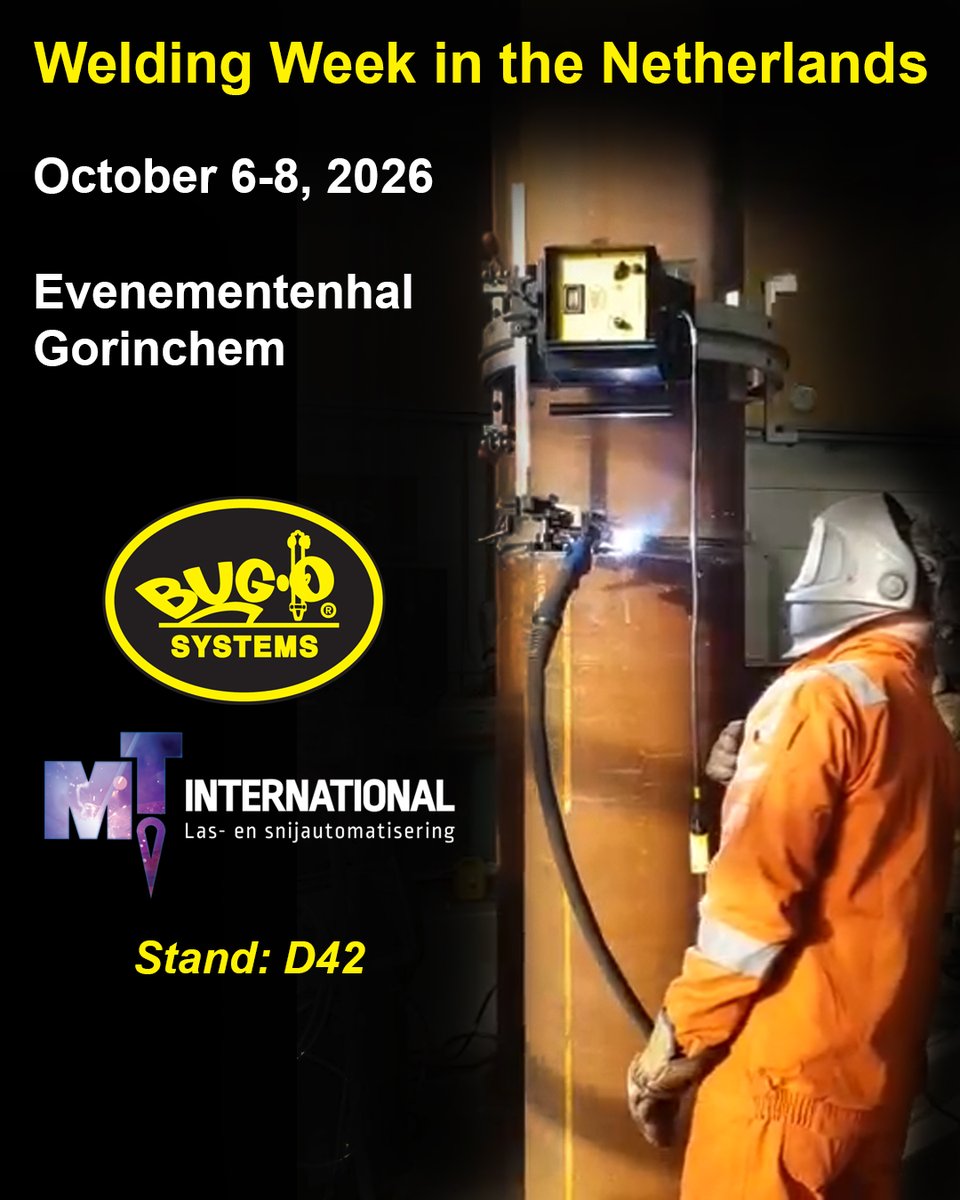 BugOSystems's tweet photo. Welding Week in the Netherlands - October 6-8, 2026. Visit BUG-O SYSTEMS with our Distributor MT-International in stand: D42. #BugoSystems #weldingweek #welding #Netherlands #lastechniek #lassensnijden https://t.co/xz64xw2Y7D