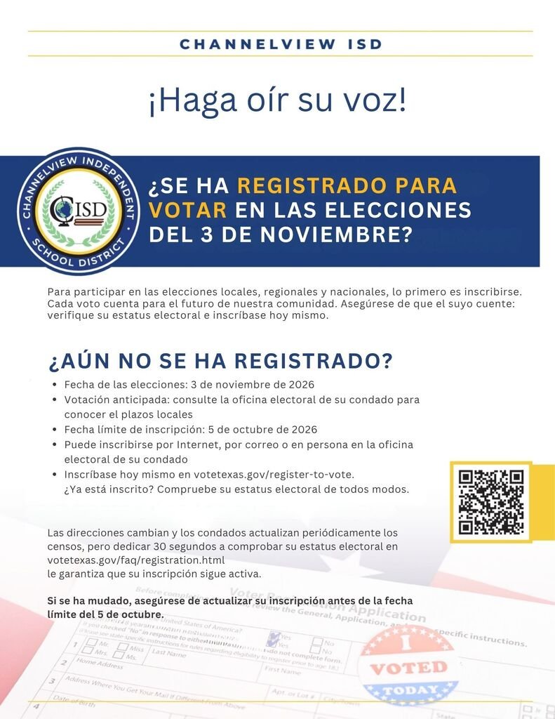 ChannelviewISD's tweet photo. TODAY is the deadline to make sure your voice is heard in the upcoming November elections. 
Potential voters must register by October 5 to participate in the November 3 general election. 

Register and confirm your voter status today at https://t.co/SvNExYj1XX. https://t.co/3qc1F1QGEn