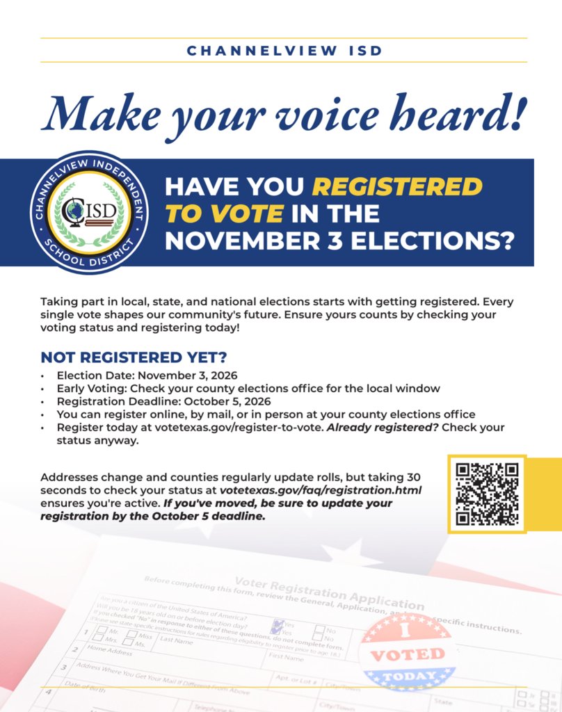 ChannelviewISD's tweet photo. TODAY is the deadline to make sure your voice is heard in the upcoming November elections. 
Potential voters must register by October 5 to participate in the November 3 general election. 

Register and confirm your voter status today at https://t.co/SvNExYj1XX. https://t.co/3qc1F1QGEn