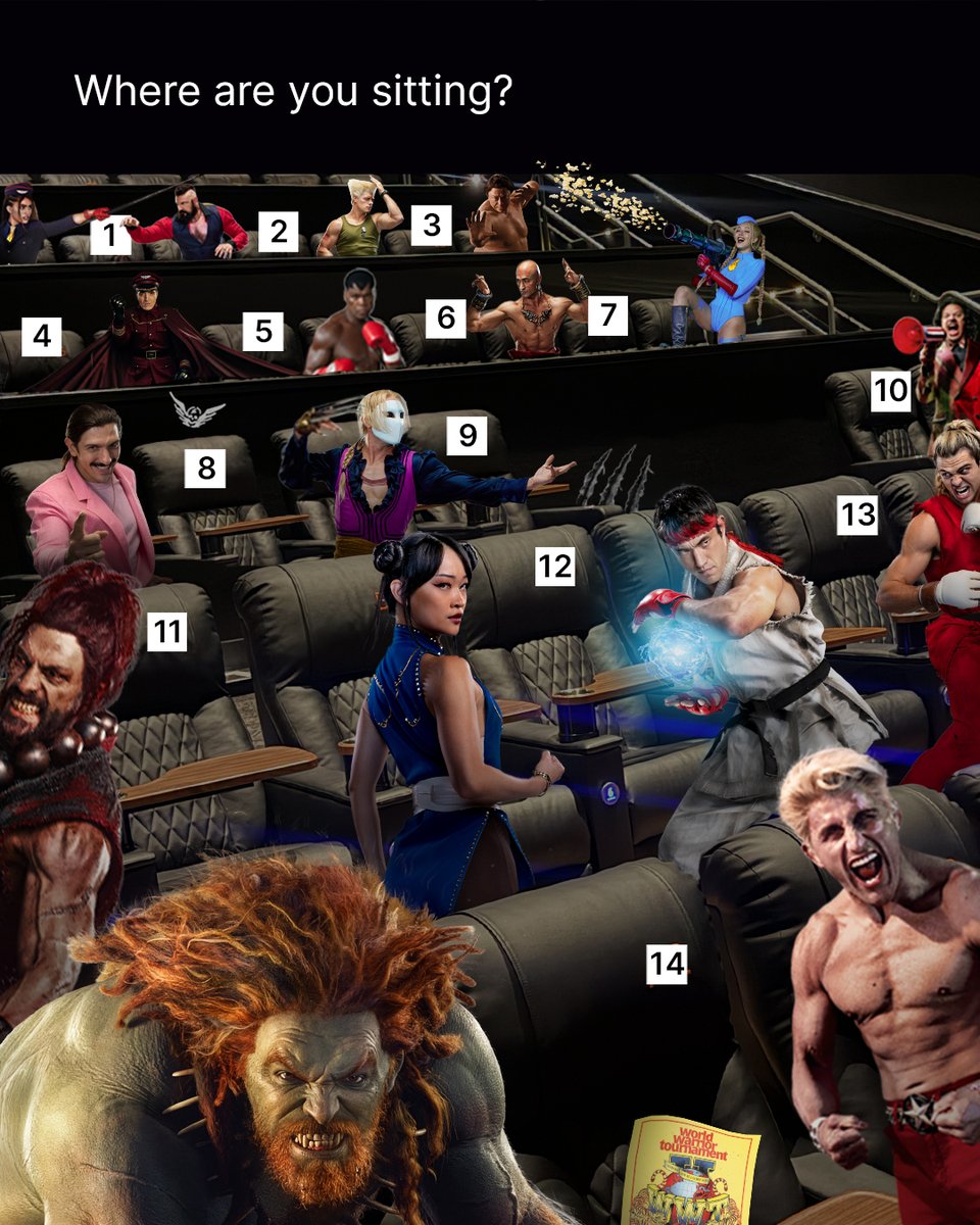 RegalMovies's tweet photo. Which fighter would you sit next to? π£ Get your tickets now to see #StreetFighterMovie. ποΈ: https://t.co/4kBiDftOeM https://t.co/W63omktTJq