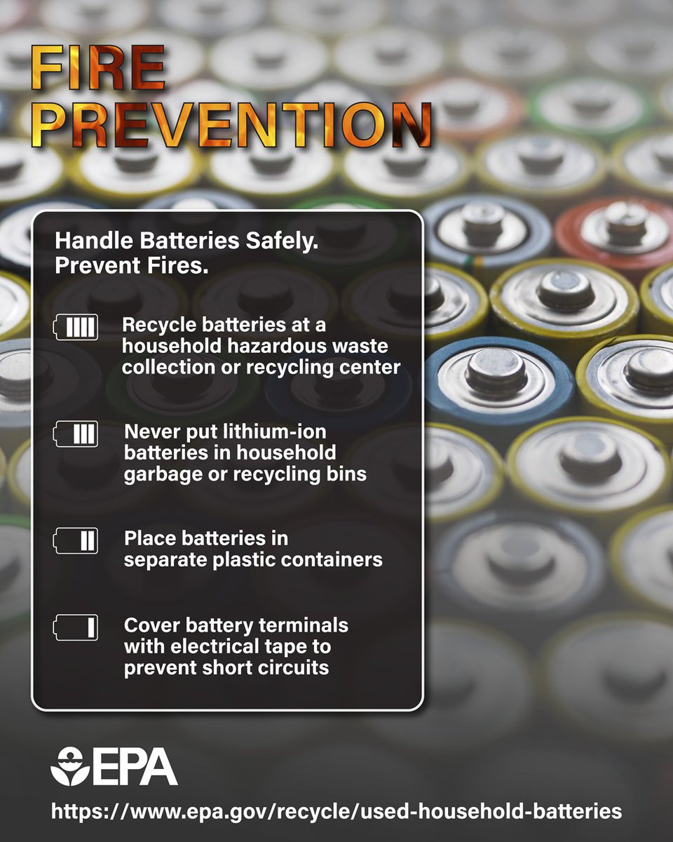 EPAregion6's tweet photo. This #FirePreventionWeek, find information about the types of batteries used in households and how to manage them when they are no longer needed.  

More at https://t.co/A6Noq160UH. https://t.co/EGXYrm07oC