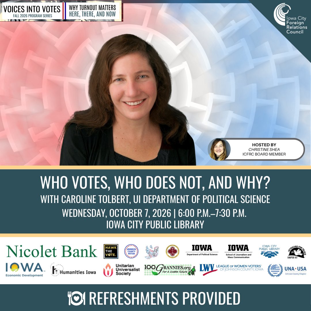 ICPL's tweet photo. Who votes, who does not, and why? Political scientist Caroline Tolbert examines one of the central questions facing modern democracies on Wednesday, Oct. 7, from 6 to 7:30 p.m. Watch in person or via livestream. https://t.co/SblBPgQnsB https://t.co/yKDmAGnkIt