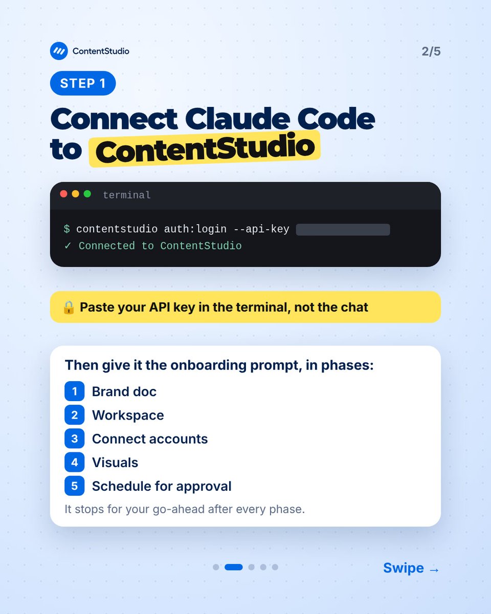 ContentStudioio's tweet photo. Onboarded a new client in an hour with Claude Code and ContentStudio.

It took the intake form and came back with two weeks of posts waiting for the client to approve.

Full walkthrough and the prompt: https://t.co/hFWu1x63XA

#ClaudeCode #SocialMediaManager https://t.co/Pe3FK5bgF7