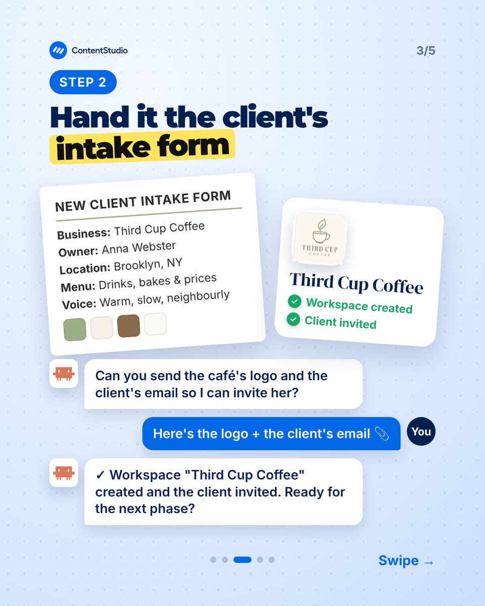 ContentStudioio's tweet photo. Onboarded a new client in an hour with Claude Code and ContentStudio.

It took the intake form and came back with two weeks of posts waiting for the client to approve.

Full walkthrough and the prompt: https://t.co/hFWu1x63XA

#ClaudeCode #SocialMediaManager https://t.co/Pe3FK5bgF7