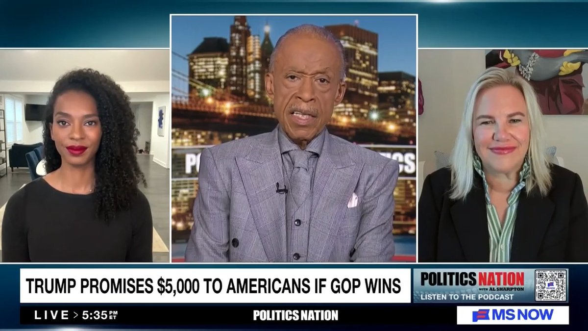 A split-screen MS NOW broadcast of "Politics Nation with Al Sharpton" features the host flanked by two female contributors, with a chyron reading "TRUMP PROMISES $5,000 TO AMERICANS IF GOP WINS," a topic the post connects to Trump's campaign rhetoric of being on the ballot alongside "chaos and cover-ups."
