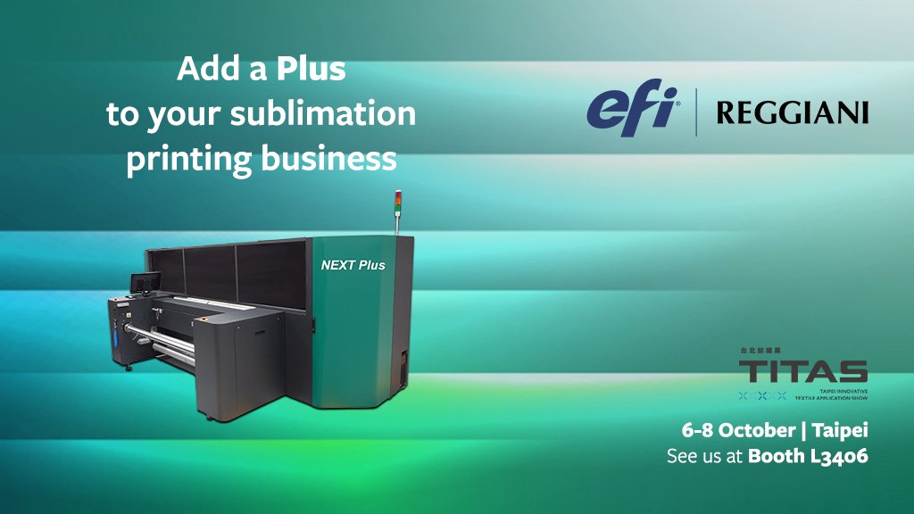 EFIPrint's tweet photo. 🚀 TITAS 2026 is now underway! Visit #EFIReggiani at Booth L3406 and discover the EFI™ Reggiani NEXT Plus. Up to 8 colours, outstanding print quality and reliable industrial performance for digital #sublimationprinting 👉 https://t.co/QzjJitGT8Y #digitalprinting #textileprinting https://t.co/3iP4AGMlb3