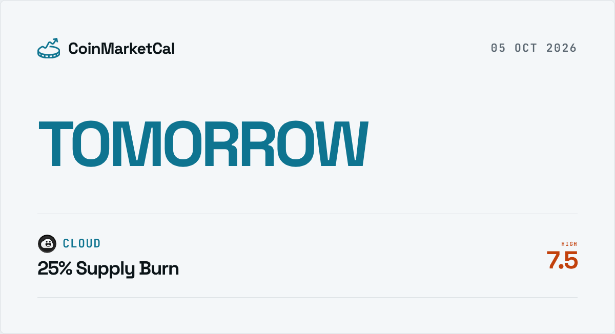 CoinMarketCal's tweet photo. Tomorrow:

$CLOUD: 25% Supply Burn (impact 7.5/10)

Event details: https://t.co/EDQsxPL60g https://t.co/Tga8Zm8ko7