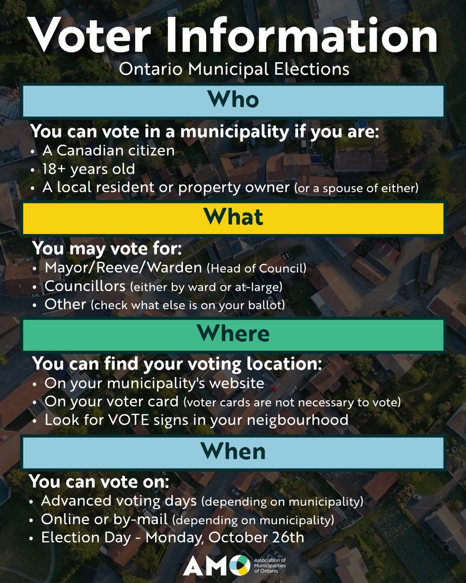 AMOPolicy's tweet photo. Get ready to vote!

Your vote helps strengthen your community. AMO's Municipal 101 resource provides key information for voters in the upcoming Ontario Municipal Elections.

https://t.co/iERC0Kb9vF https://t.co/tZbstR3fU1