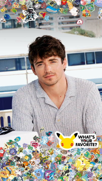 Charles Leclerc sits relaxed in a light gray knit shirt at what appears to be an outdoor terrace, surrounded by colorful Pokémon stickers and badges, including a prominent "What's Your Favorite?" Pikachu graphic asking viewers to share their favorite Pokémon.