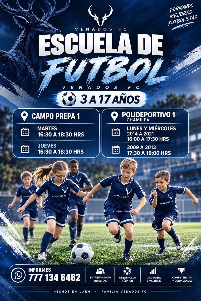 24_morelos's tweet photo. VENADOS FC ABRE SU ESCUELA DE FÚTBOL EN CUERNAVACA ⚽🦌
#Venados F.C. abrió inscripciones para su escuela de fútbol dirigida a niñas, niños y jóvenes de 3 a 17 años.
Los entrenamientos se realizarán en Campo Prepa 1 y en el Polideportivo 1 de #Chamilpa, con horarios según la categoría.
La escuela busca trabajar formación integral, desarrollo técnico, disciplina, valores y competencia.
📲 Informes: 777 134 6462