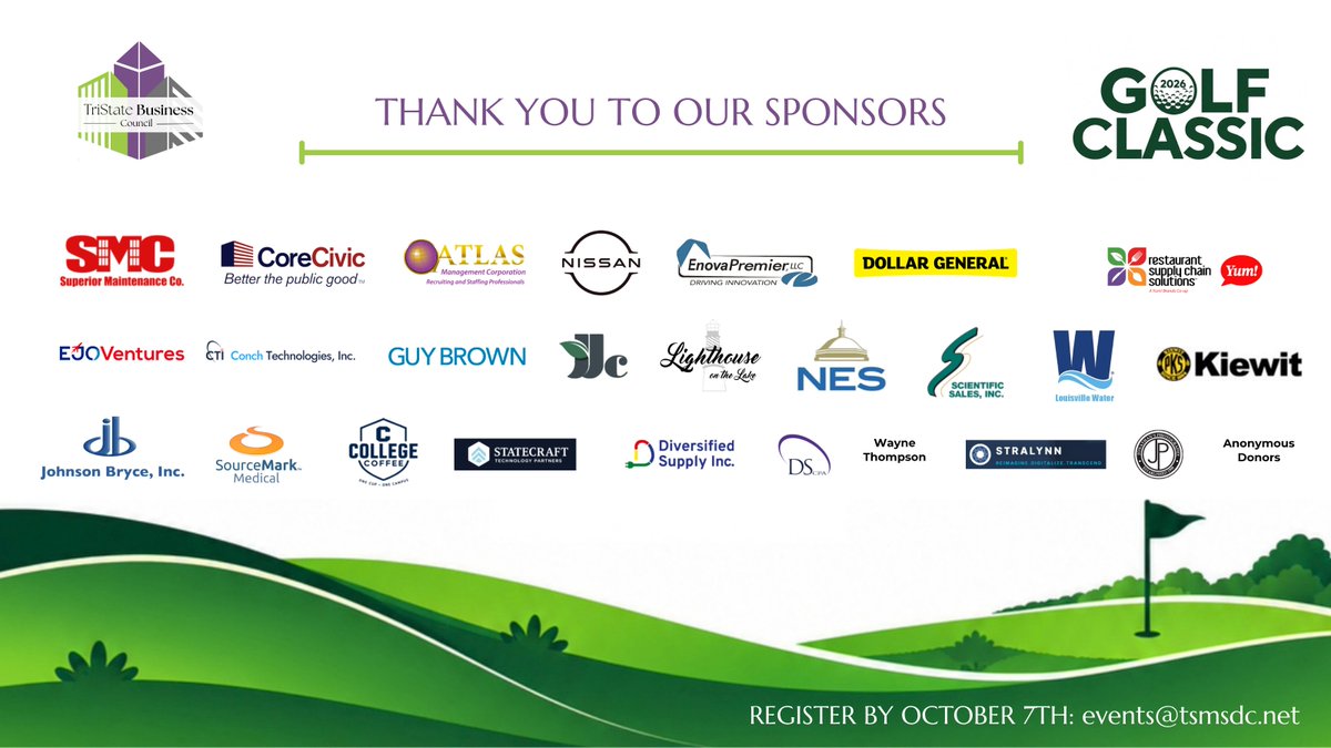 TriStateMSDC's tweet photo. A big thank-you to the sponsors of the 2026 TSBC Golf Classic! ⛳ Your support helps create opportunities for diverse suppliers, major purchasers and business leaders to  build relationships that last. See you Oct. 8! https://t.co/baBj3KjbJv

#TSBCGolfClassic #ThankYouSponsors https://t.co/nNjn7NynDD