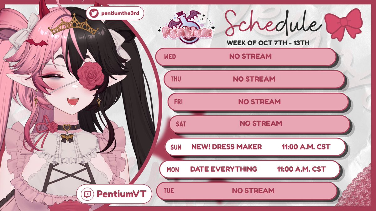 pentiumthe3rd's tweet photo. new Schedule Card for the week of October 7th - 13th!!! i don't have many days off, but we get to play games and have lots of fun!!! π¦π
#ENVtuber #VtuberEN #VtuberUprising #Vtuber #smallstreamer #twitchaffiliate #supportbeam #vtubersupportbeam