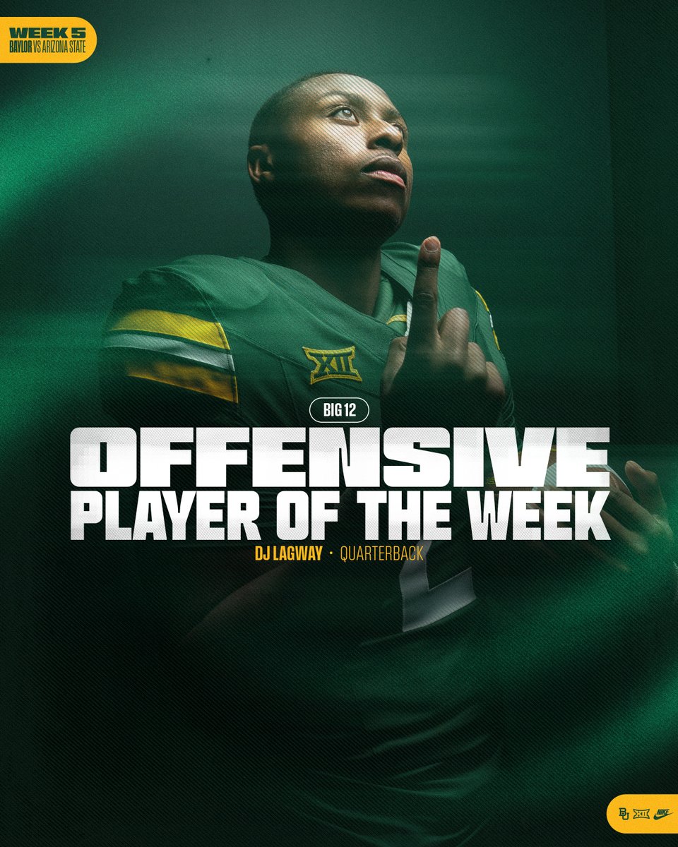 BUFootball's tweet photo. 🟩 306 Passing Yards
🟩 5 Total Touchdowns
@DerekLagway ➡️ @Big12Conference Offensive Player of the Week https://t.co/dN9IlJoG91