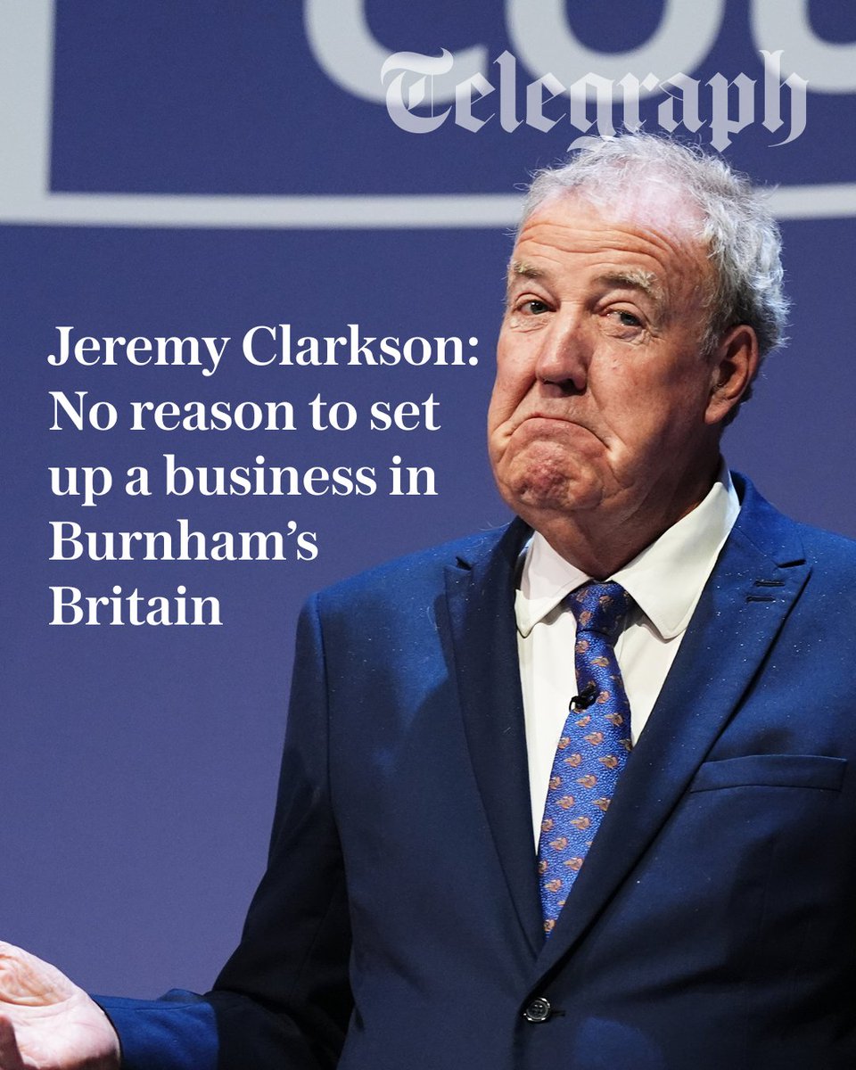 Telegraph's tweet photo. Jeremy Clarkson has said there is no reason to set up a business in Andy Burnham’s Britain.

In a surprise appearance at the Conservative Party conference, the television presenter said he would only open a second pub if he did so abroad.

🔗 https://t.co/DwcAK6vVgG https://t.co/9tmYMBTers