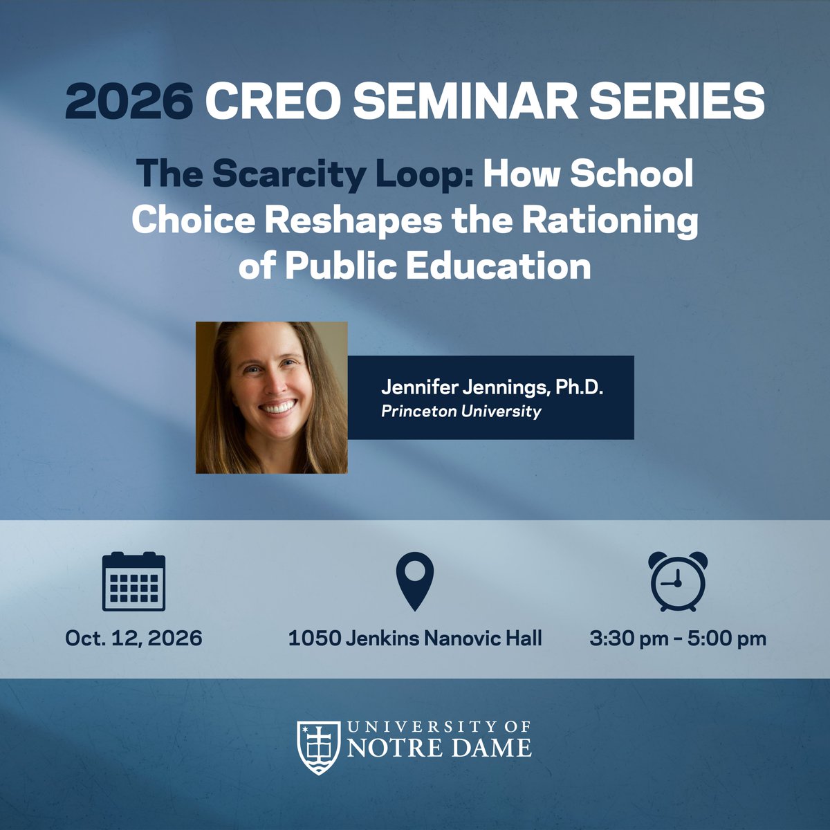 nd_creo's tweet photo. CREO is thrilled to welcome Dr. Jen Jennings to speak next week at Notre Dame!

Dr. Jennings is Professor of Domestic Policy, Sociology, and Public Affairs at Princeton. Her research examines racial, socioeconomic, and gender disparities in educational and health outcomes. https://t.co/Zi4Knfiw9U