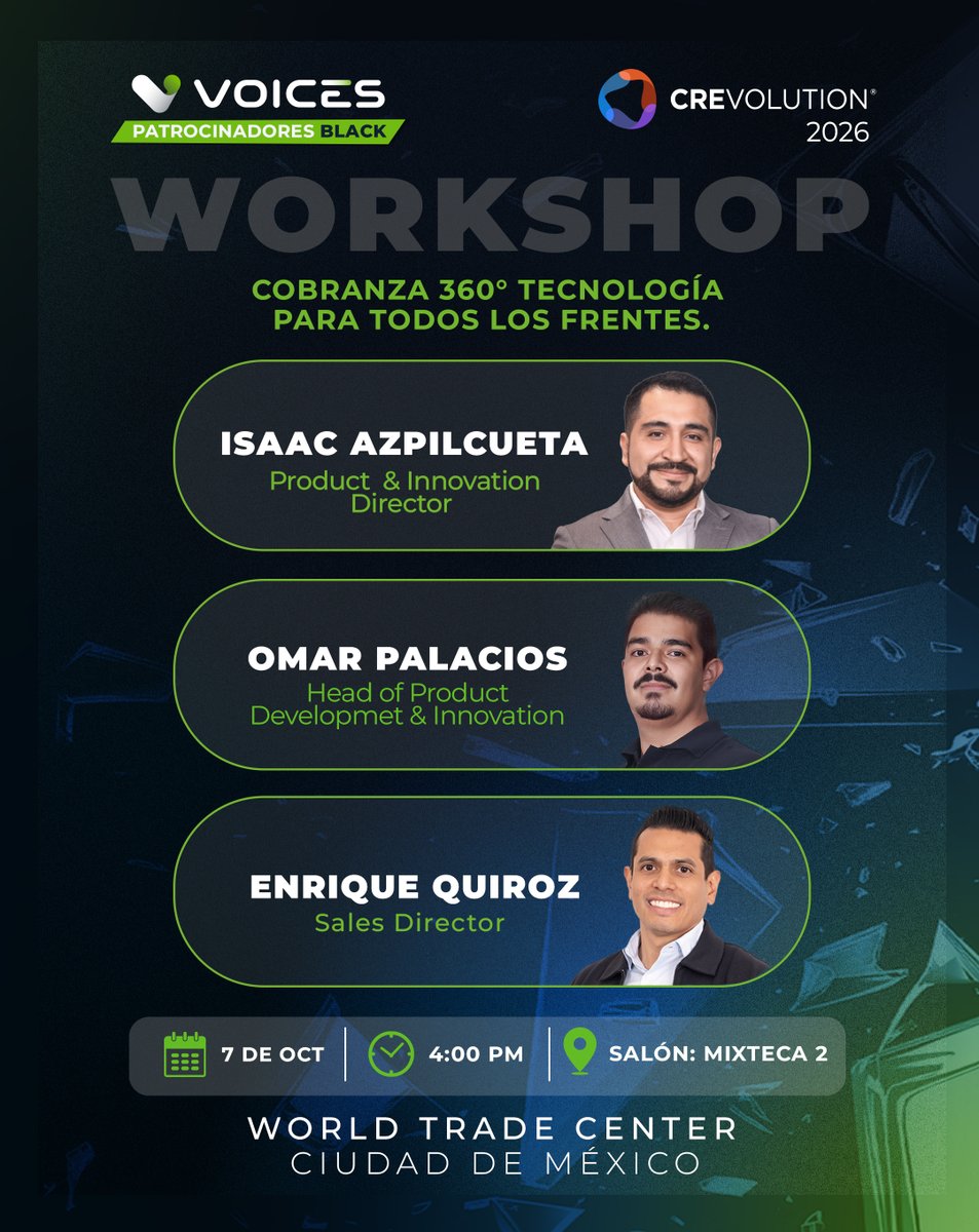 VoicesMex's tweet photo. ¡No te pierdas nuestro workshop en @crevolutionmx!

Estamos muy emocionados de impartir este workshop, un espacio en el que compartiremos nuestra visión sobre cómo la tecnología puede transformar y conectar cada frente de la operación de cobranza. 🚀

¡Te esperamos! https://t.co/OfGYEU43JY
