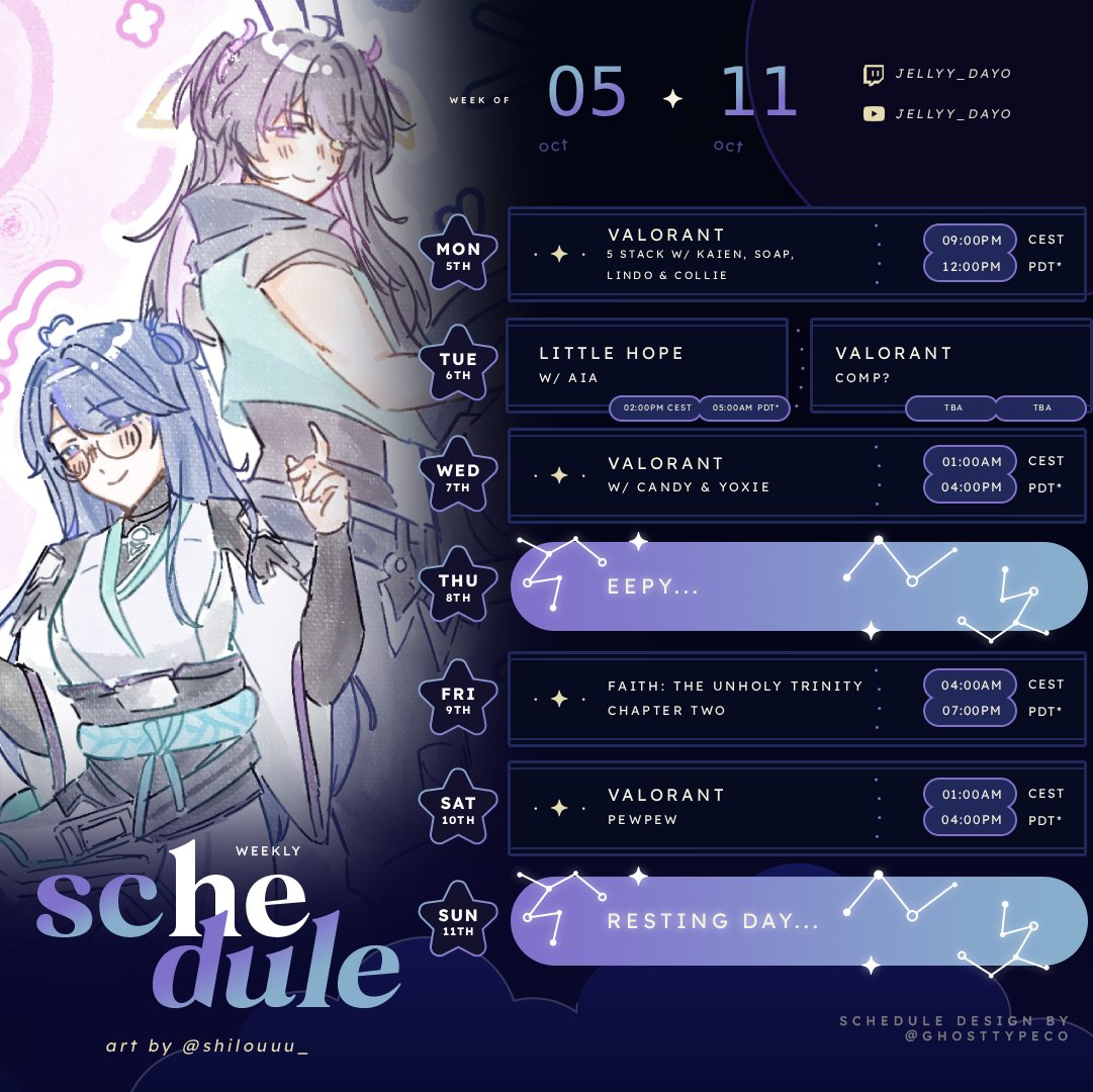 jellyy_dayo's tweet photo. schedule OCT 05TH - OCT 11TH
more valorant &amp; val &amp; valo &amp; pewpew &amp; spoopy games!!

🩵Twitch : https://t.co/JP42OvrpOA
🩵YouTube : https://t.co/unBx5NDYU0

⟡【tags】⟡
clips : #nemuLiive
art : #nemuiiro
oshi mark : ☔️💤 https://t.co/bTn29M9ujM