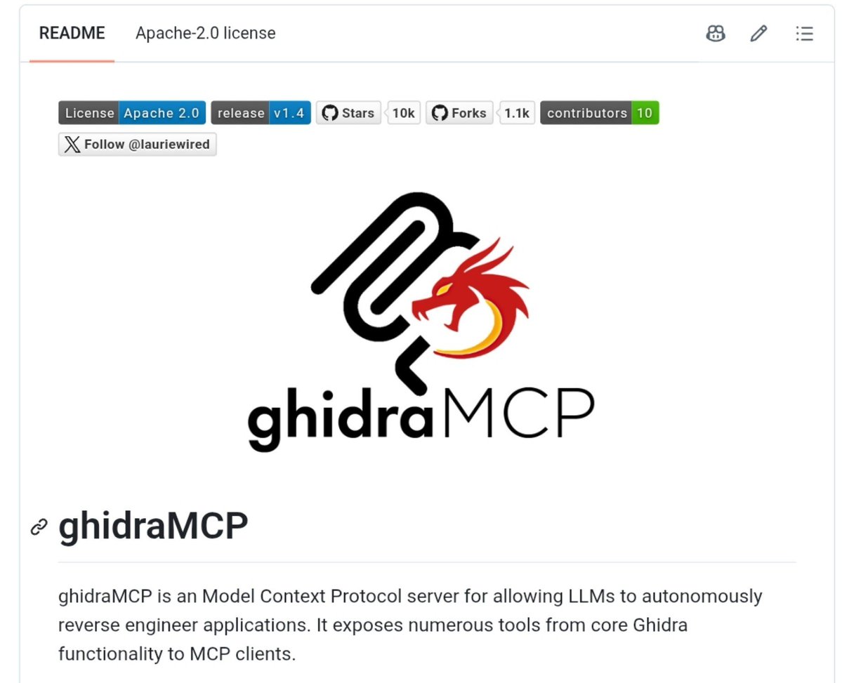_vmlops's tweet photo. YOUR LLM CAN NOW REVERSE ENGINEER BINARIES ON ITS OWN 💀

ghidraMCP connects Ghidra to MCP clients

◾️ decompiles and analyzes binaries
◾️ renames methods and data
◾️ explores methods, classes, imports &amp; exports
◾️ works with Claude Desktop, Cline &amp; 5ire https://t.co/b1K6I24jCo