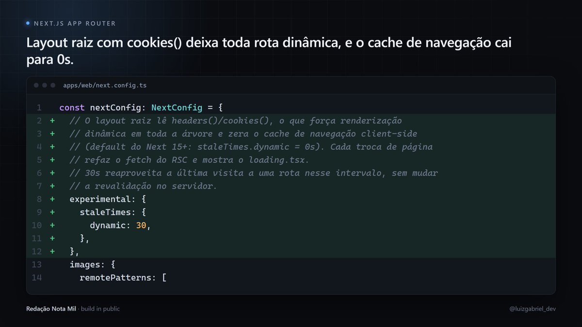 luizgabriel_dev's tweet photo. Chega de loading a cada clique no Next.js, veja como.

Meu layout raiz lê headers() e cookies(). Isso torna todas as rotas dinâmicas, e para rota dinâmica o router guarda cache por 0 segundos (staleTimes.dynamic = 0, o padrão).

Na prática, toda troca de página refazia o fetch do RSC e mostrava o loading.tsx, mesmo voltando para uma tela que eu tinha acabado de ver.

Configurei staleTimes.dynamic = 30. A navegação client-side agora reaproveita o que já carregou por 30 segundos.

Você mexe no staleTimes ou deixa o padrão?