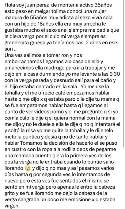 A screenshot of a personal story written in Spanish by "Juan Perez" from Monteria, who is 35 years old, detailing a sexual encounter with a 55-year-old woman he met. The accompanying social media post caption labels the story with hashtags like "#relatosgay" and "#jovenvirgen," referencing the explicit narrative shown in the text.
