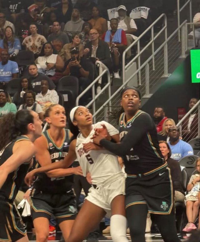 Davleahw's tweet photo. "Why isn't Angel rebounding in the playoffs?"

How exactly is she suppose to do that while being held like this in the paint? https://t.co/cci747lLHK