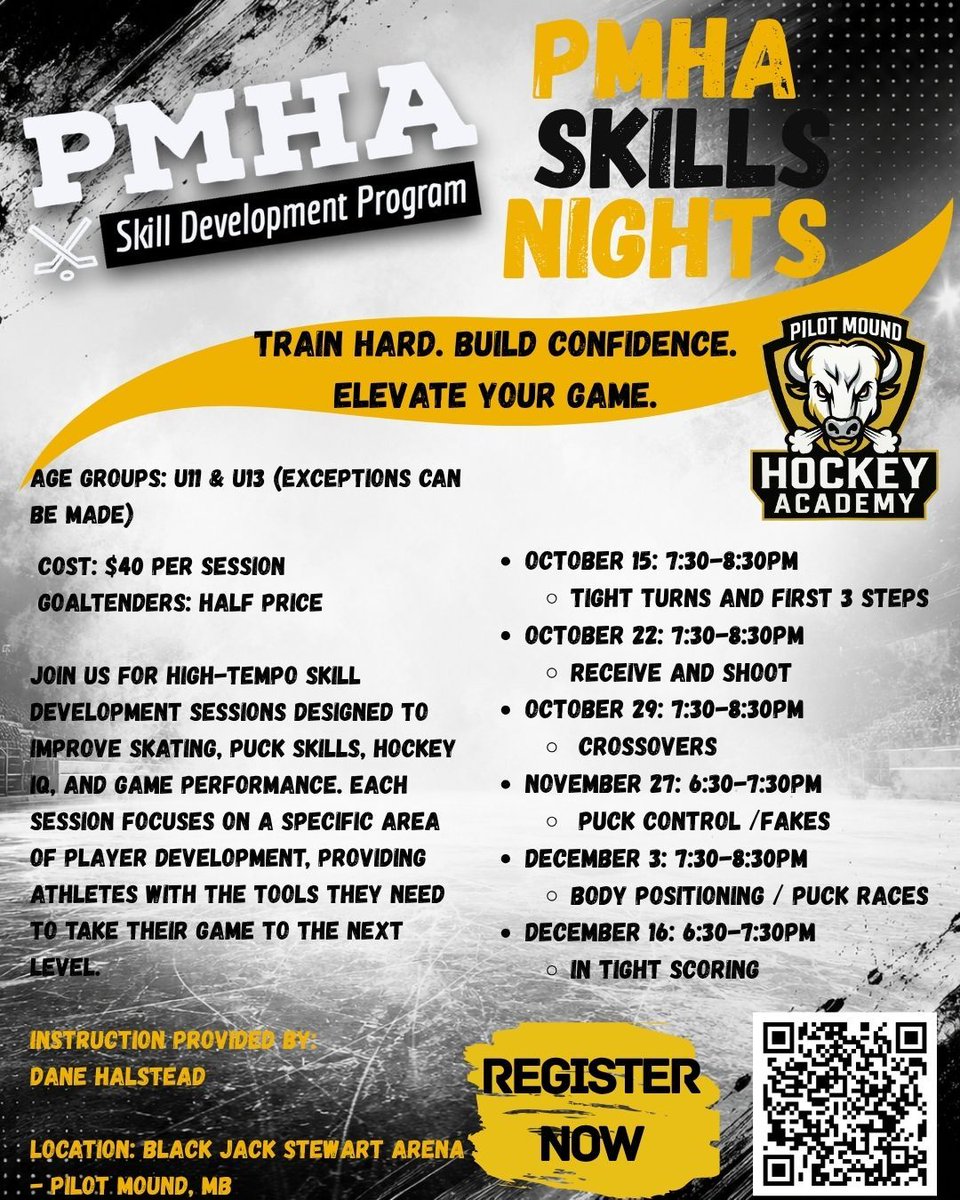 pmbuffaloes's tweet photo. PMHA SKILLS NIGHTS ARE HERE!
Looking to take your game to the next level? Join Pilot Mound Hockey Academy for our Skill Development Program this fall!
๐ https://t.co/G81uv66hae
#FearTheBuffs #PMHA #HockeyAcademy #HockeyDevelopment #SkillsNight #PlayerDevelopment https://t.co/Xl18eFzm5n