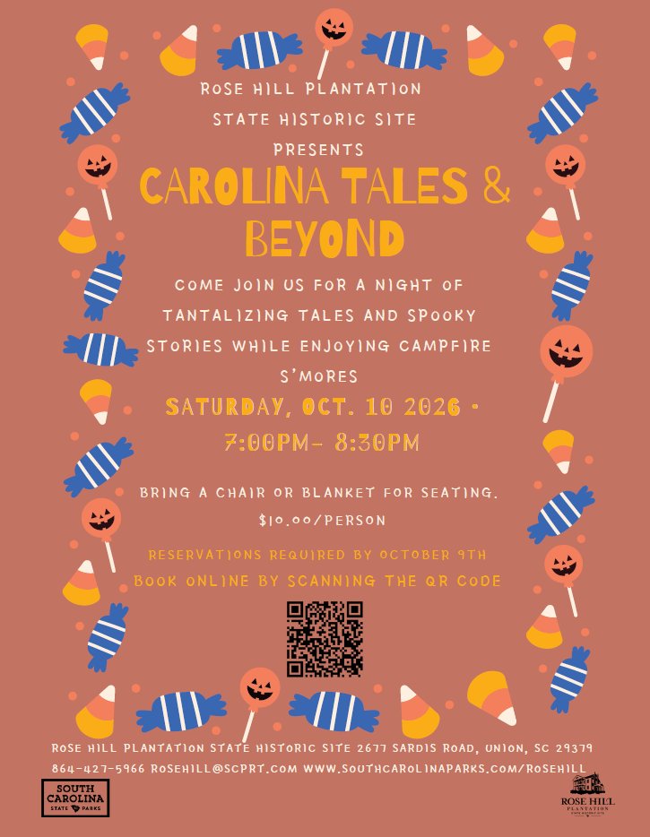 SC_State_Parks's tweet photo. One of the favorite events of the spooky season! 🎃👻
Carolina Tales &amp; Beyond
📍Rose Hill Plantation
📅Saturday, Oct. 10
⌚7pm to 8:30pm
👉$10/person, book your spot, here https://t.co/vXjYEiLKaP https://t.co/fKottnZZyj