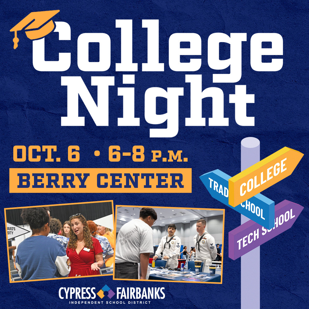 CyFairISD's tweet photo. Reminder: CFISD's annual College Night is tomorrow evening at the @berrycenter! All secondary students and their families are invited to join us from 6-8 p.m. to explore college options from across the country, connect with college representatives and receive helpful information on next steps for after high school graduation! Find out more information here: https://t.co/M0t7ONqEt8 #CFISDspirit #ChooseCFISD 🎉🎓