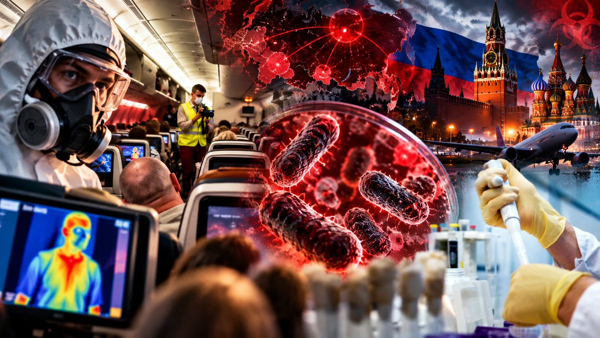 The image is a dramatic composite showing a person in a hazmat suit and gas mask, airline passengers undergoing thermal screening at what appears to be an airport, a magnified petri dish of dangerous bacteria, lab-gloved hands handling test tubes, and the Russian flag over Moscow landmarks (including the Kremlin and St. Basil's Cathedral) alongside a map of Russia marked with biohazard-style red connections.

The image visually supports the accompanying post about a reported plague outbreak linked to a Russian research laboratory, depicting the threat of disease spread through air travel, lab containment concerns, and the U.S./Russia geopolitical response implied by the White House monitoring mentioned in the caption.