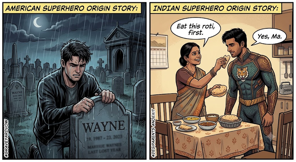 CultaMania's tweet photo. American superhero origin story:

“My parents were murdered.”

Indian superhero origin story:

“My parents were murdered… and my mother still expects me home for dinner.”

#IndianParents #Superheroes https://t.co/EEF9BvQIMJ