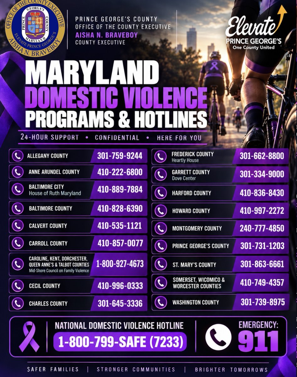 pgcountyexec's tweet photo. This weekend — join us for the 7th Annual Purple Bike Ride on Saturday, October 10.

Location: Bowie City Hall, 15901 Fred Robinson Way, Bowie, MD 20716
Registration: Begins at 7:30 AM
Register here: https://t.co/P1ybvc2kXi

*DV Resources/Info available. 

#ElevatePrinceGeorges https://t.co/dIcSQSvAWP