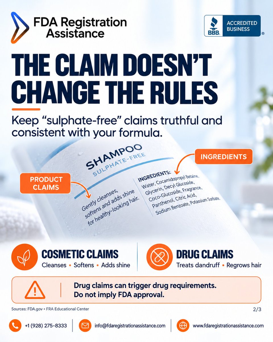 fda_assistance's tweet photo. 🧴 “Sulphate-free” doesn’t mean FDA-free.
Your formula, label & marketing claims should align. Claims like “treats dandruff” or “regrows hair” may trigger drug requirements.
Launching cosmetics in the U.S.? Review compliance first.
#FDACompliance #MoCRA #Cosmetics https://t.co/VdGSo6rhKK