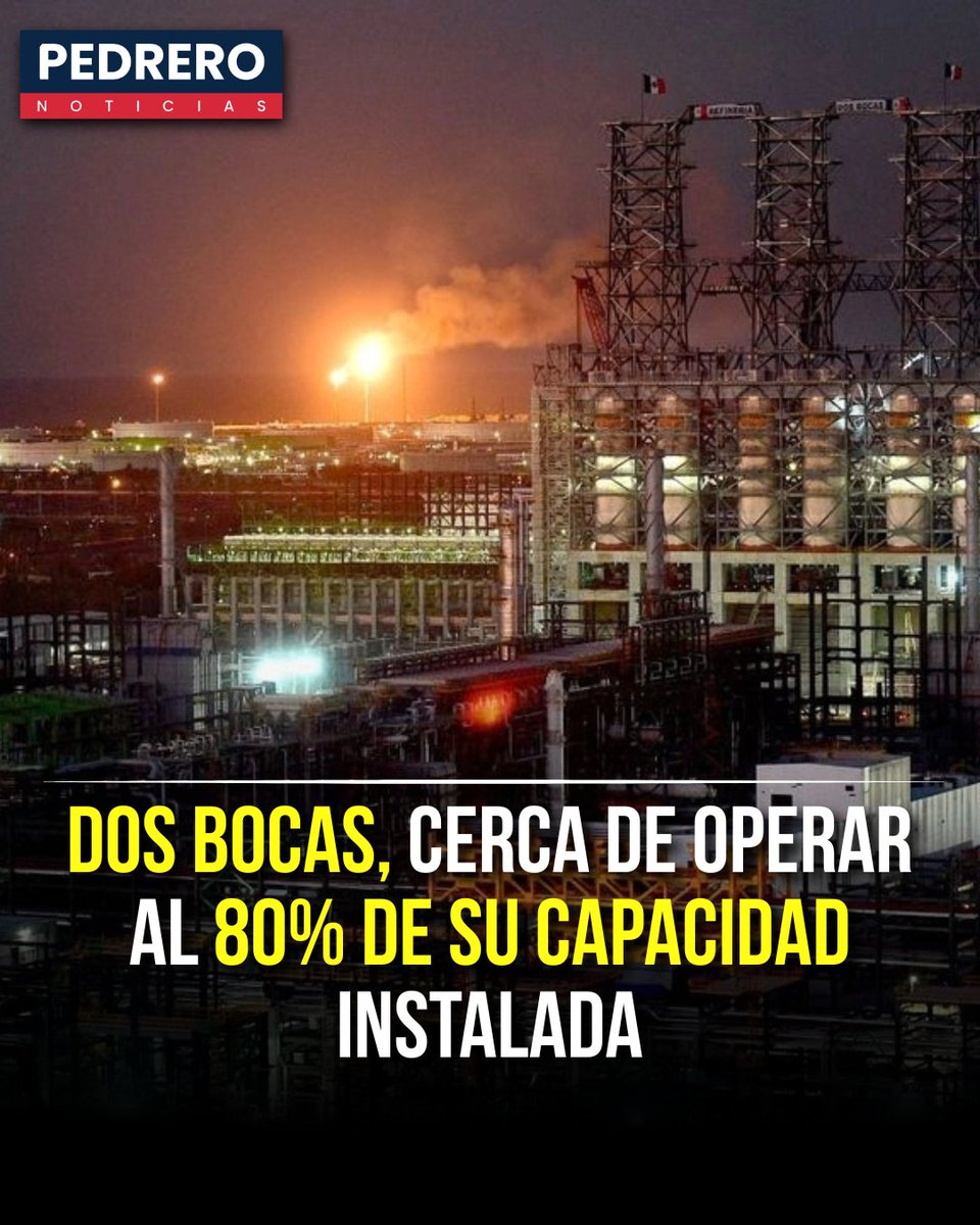 YosoyPedrero's tweet photo. 🚨 OJO: DOS BOCAS, CERCA DE OPERAR AL 80% DE SU CAPACIDAD INSTALADA

La refinería Olmeca de Dos Bocas, en Tabasco, se acerca a operar al 80% de su capacidad instalada, de acuerdo con los reportes más recientes sobre su nivel de procesamiento.

La refinería fue diseñada para procesar alrededor de 340 mil barriles de petróleo crudo diarios, por lo que alcanzar ese nivel de operación representaría un avance importante en su objetivo de incrementar la capacidad de refinación del país.

El complejo ha pasado por un proceso gradual de estabilización desde el inicio de sus operaciones, con ajustes técnicos y aumentos progresivos en el volumen de crudo procesado.

El incremento de la producción de combustibles en Dos Bocas forma parte de la estrategia del gobierno federal para fortalecer la refinación nacional y reducir la dependencia de combustibles importados.