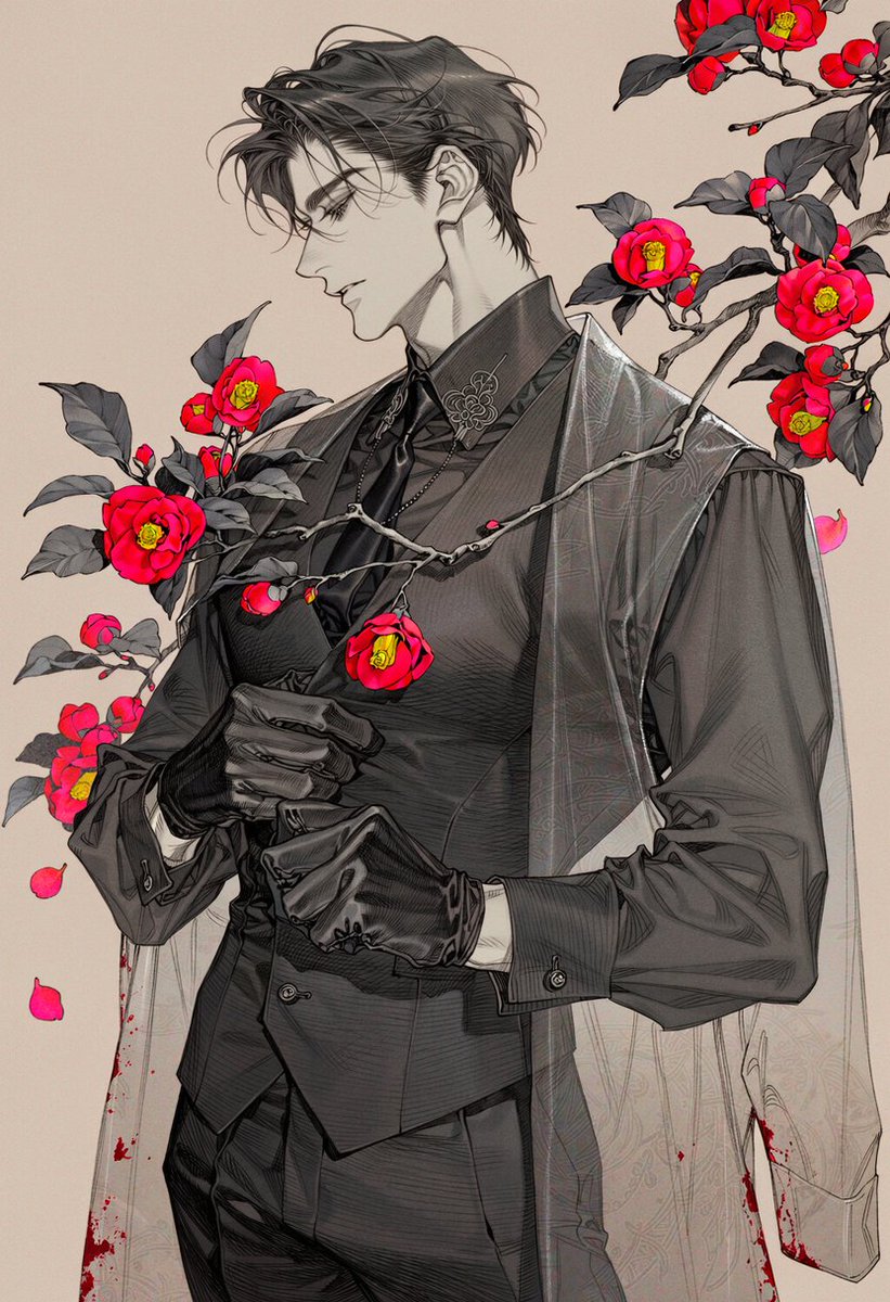 Un_jin_OAOa's tweet photo. 동백꽃 Prompt

elegant mature man, calm cold expression, three-quarter side profile, head slightly lowered, looking downward, upright composed posture, one hand adjusting the front of his vest near the chest, other hand resting near the waist,

fitted black dress shirt, black necktie, tailored black trousers, black leather gloves, long sleeveless translucent gray overcoat, subtle traditional East Asian woven patterns, faint embroidered motifs, elegant layered formalwear,

dark camellia branches crossing through the foreground and background, vivid crimson camellia flowers blooming among charcoal-black leaves, several branches passing naturally in front of the torso, scattered red petals, faint dark red stains along the edge of the outer garment,

waist-up composition, character large in frame, pale warm-gray background, black, charcoal, muted gray and deep crimson palette, restrained elegant atmosphere, quiet ominous beauty