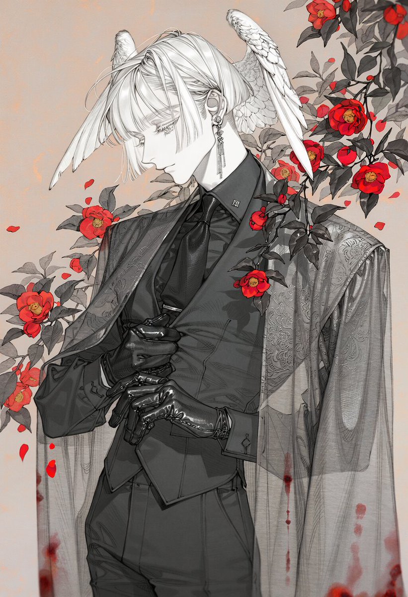 Un_jin_OAOa's tweet photo. 동백꽃 Prompt

elegant mature man, calm cold expression, three-quarter side profile, head slightly lowered, looking downward, upright composed posture, one hand adjusting the front of his vest near the chest, other hand resting near the waist,

fitted black dress shirt, black necktie, tailored black trousers, black leather gloves, long sleeveless translucent gray overcoat, subtle traditional East Asian woven patterns, faint embroidered motifs, elegant layered formalwear,

dark camellia branches crossing through the foreground and background, vivid crimson camellia flowers blooming among charcoal-black leaves, several branches passing naturally in front of the torso, scattered red petals, faint dark red stains along the edge of the outer garment,

waist-up composition, character large in frame, pale warm-gray background, black, charcoal, muted gray and deep crimson palette, restrained elegant atmosphere, quiet ominous beauty