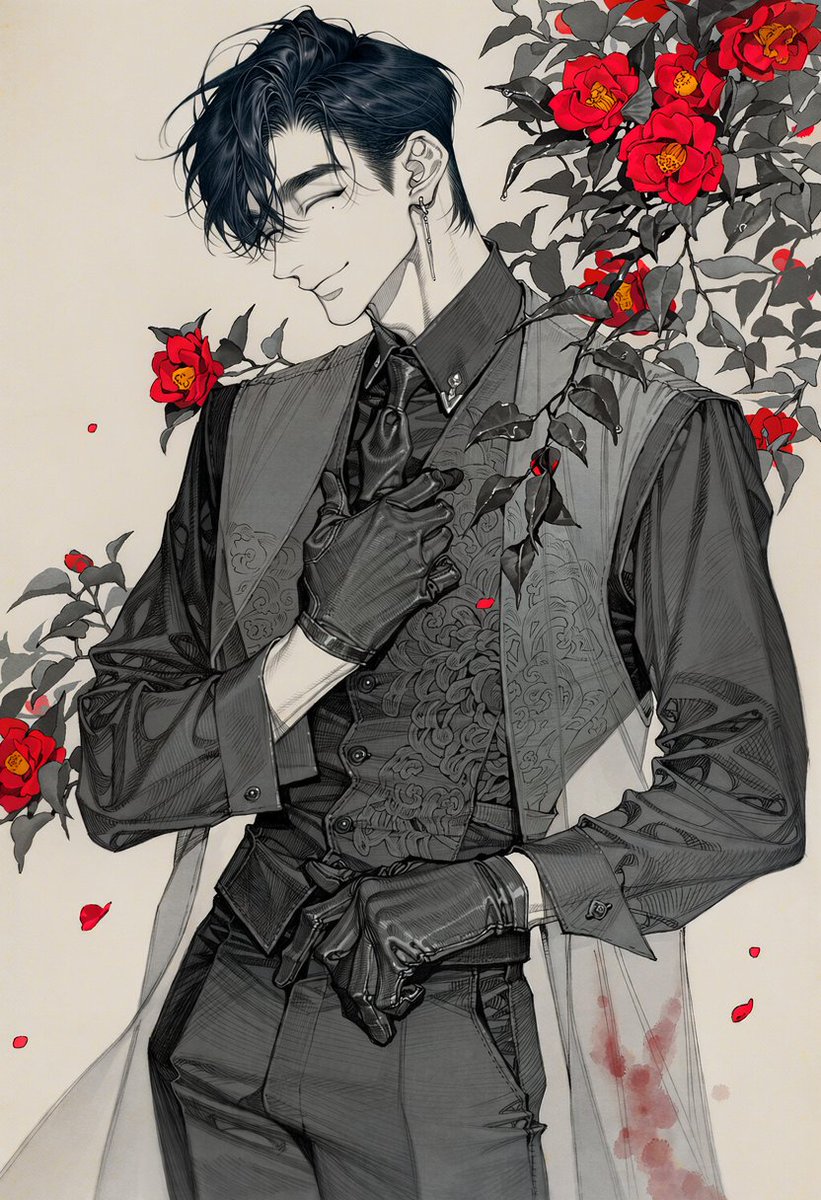 Un_jin_OAOa's tweet photo. 동백꽃 Prompt

elegant mature man, calm cold expression, three-quarter side profile, head slightly lowered, looking downward, upright composed posture, one hand adjusting the front of his vest near the chest, other hand resting near the waist,

fitted black dress shirt, black necktie, tailored black trousers, black leather gloves, long sleeveless translucent gray overcoat, subtle traditional East Asian woven patterns, faint embroidered motifs, elegant layered formalwear,

dark camellia branches crossing through the foreground and background, vivid crimson camellia flowers blooming among charcoal-black leaves, several branches passing naturally in front of the torso, scattered red petals, faint dark red stains along the edge of the outer garment,

waist-up composition, character large in frame, pale warm-gray background, black, charcoal, muted gray and deep crimson palette, restrained elegant atmosphere, quiet ominous beauty