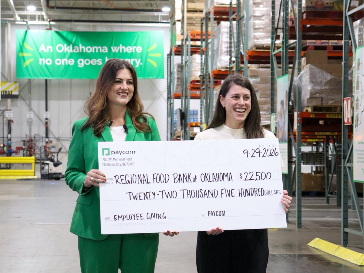 rfbo's tweet photo. Thank you @Paycom employees for donating $22,500 to the Regional Food Bank through their employee giving program! 

Over the past seven years, Paycom employees have helped provide more than 695,000 meals to neighbors across Oklahoma experiencing food insecurity. https://t.co/BQ3GOtZv4Y