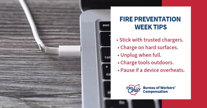 A damaged charging cable connected to a laptop. To the right, a text box with "FIRE PREVENTION WEEK TIPS" offers advice: use trusted chargers, charge on hard surfaces, unplug when full, charge tools outdoors, pause if a device overheats. The Ohio Bureau of Workers' Compensation logo is below the tips.