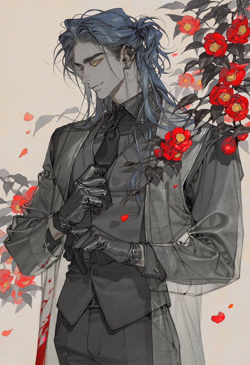 Un_jin_OAOa's tweet photo. 동백꽃 Prompt

elegant mature man, calm cold expression, three-quarter side profile, head slightly lowered, looking downward, upright composed posture, one hand adjusting the front of his vest near the chest, other hand resting near the waist,

fitted black dress shirt, black necktie, tailored black trousers, black leather gloves, long sleeveless translucent gray overcoat, subtle traditional East Asian woven patterns, faint embroidered motifs, elegant layered formalwear,

dark camellia branches crossing through the foreground and background, vivid crimson camellia flowers blooming among charcoal-black leaves, several branches passing naturally in front of the torso, scattered red petals, faint dark red stains along the edge of the outer garment,

waist-up composition, character large in frame, pale warm-gray background, black, charcoal, muted gray and deep crimson palette, restrained elegant atmosphere, quiet ominous beauty