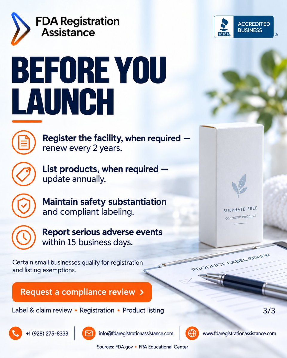 fda_assistance's tweet photo. 🧴 “Sulphate-free” doesn’t mean FDA-free.
Your formula, label & marketing claims should align. Claims like “treats dandruff” or “regrows hair” may trigger drug requirements.
Launching cosmetics in the U.S.? Review compliance first.
#FDACompliance #MoCRA #Cosmetics https://t.co/VdGSo6rhKK