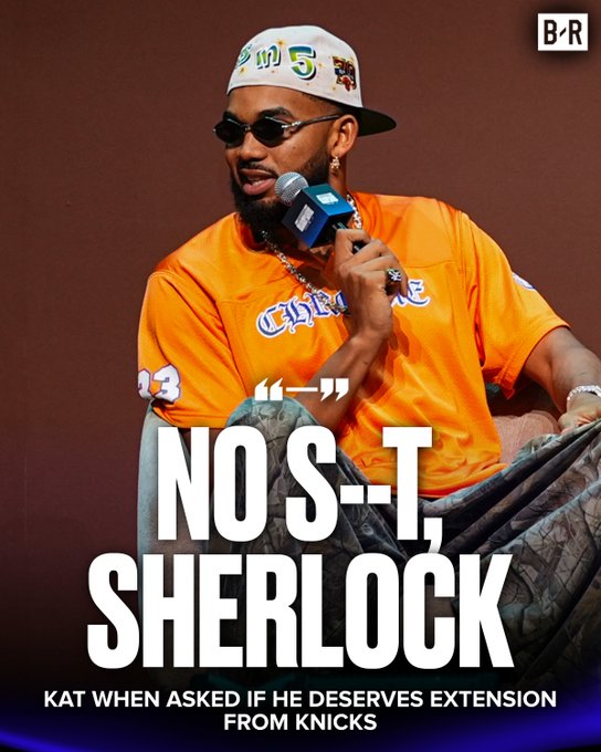 Karl-Anthony Towns holds a microphone while wearing an orange shirt and a colorful cap, with the bold caption "NO S--T, SHERLOCK" and a Bleacher Report logo in the corner. Below the text reads "KAT WHEN ASKED IF HE DESERVES EXTENSION FROM KNICKS," tying his confident smirk and casual posture to his pointed response about deserving the contract extension after winning a championship.