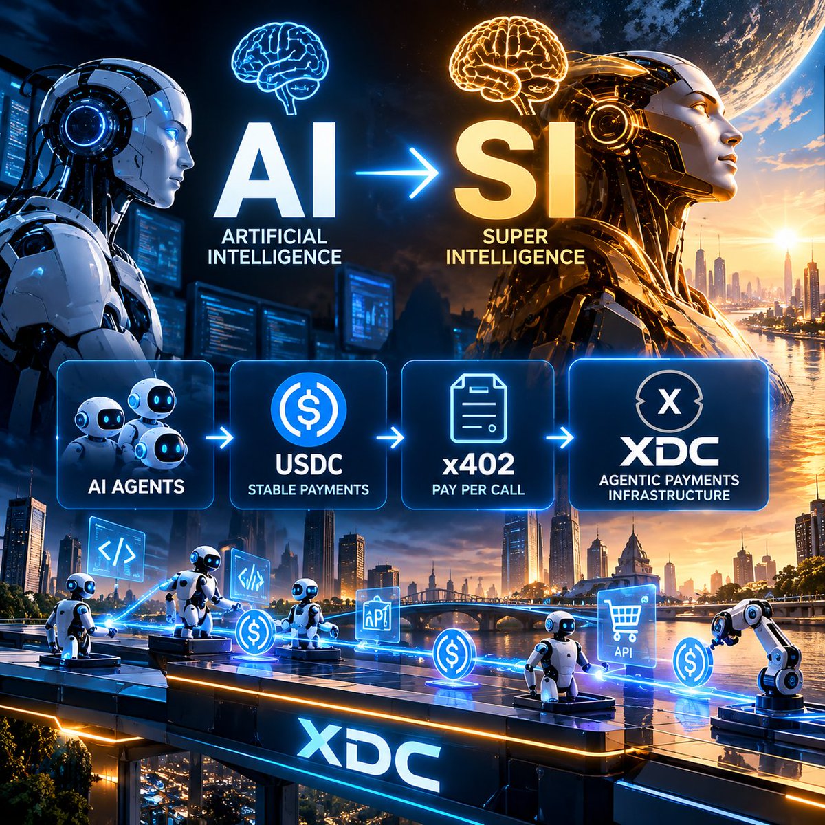 ByteCortex0's tweet photo. AI → SI is the next narrative. 🤖➡️🧠

Smarter agents need more than intelligence, they need payments and settlement.

@XDCNetwork + USDC + x402 are building toward an autonomous economy. 

#XDC #XDCAI #XDCSI #AI #x402 https://t.co/jrqGf87tOr