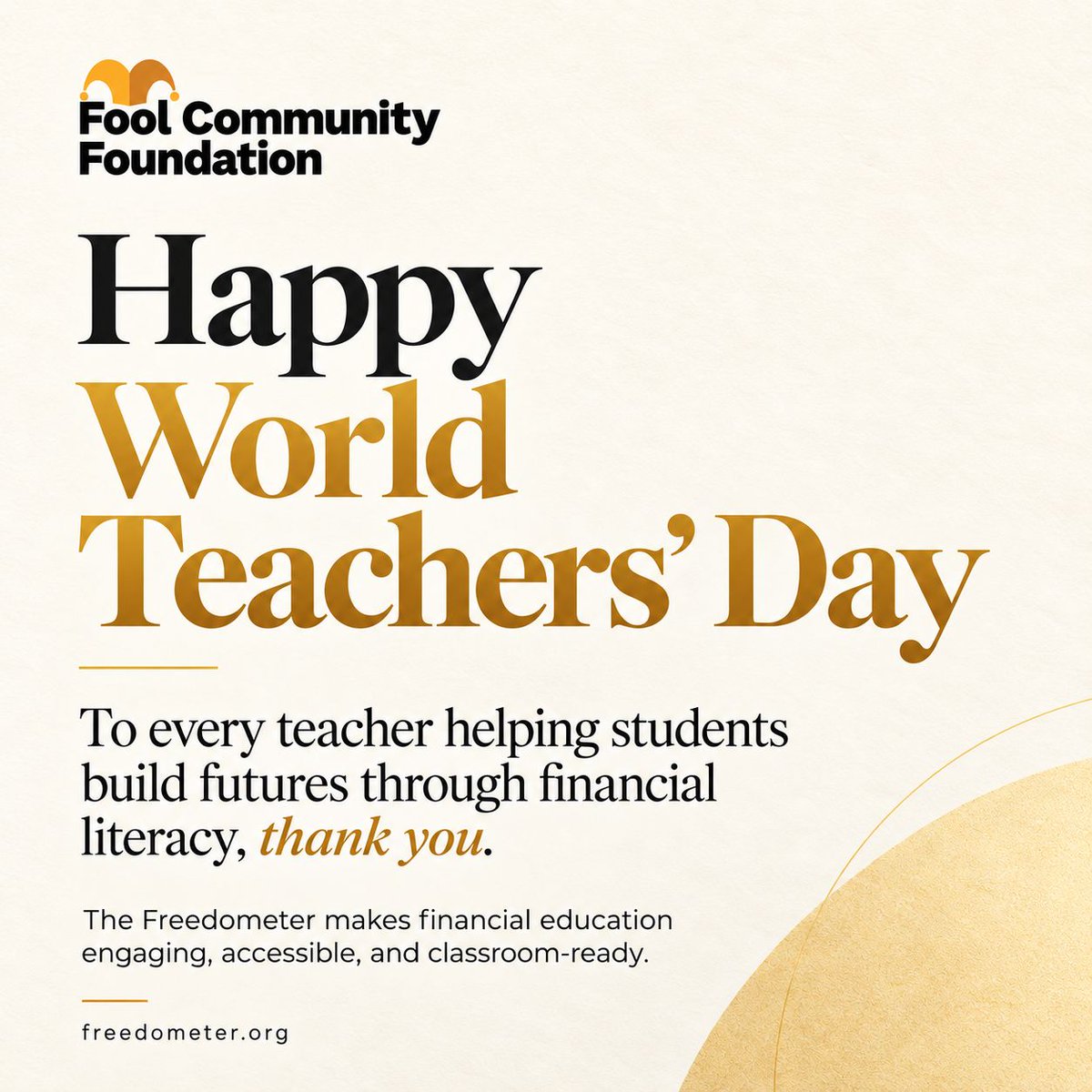 foolfoundation's tweet photo. This World Teachers’ Day, we’re grateful for the teachers helping students feel more confident about money, saving and investing. 🍎💛

The Freedometer was built to make those lessons easier to bring into the classroom.

Explore it: https://t.co/0gD3I5LQtT https://t.co/NEE0IpCHHo