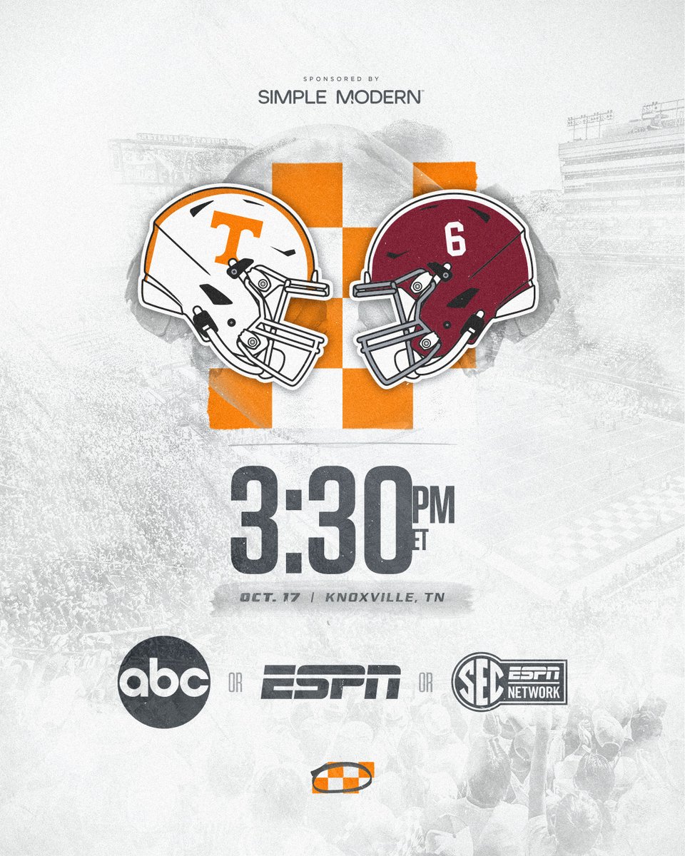 Vol_Football's tweet photo. game time is set

vs Alabama
🗓️ October 17
⌚ 3:30pm ET
📺 ABC or ESPN or SEC Network
🏟️ Neyland Stadium https://t.co/TDMvBknp3J