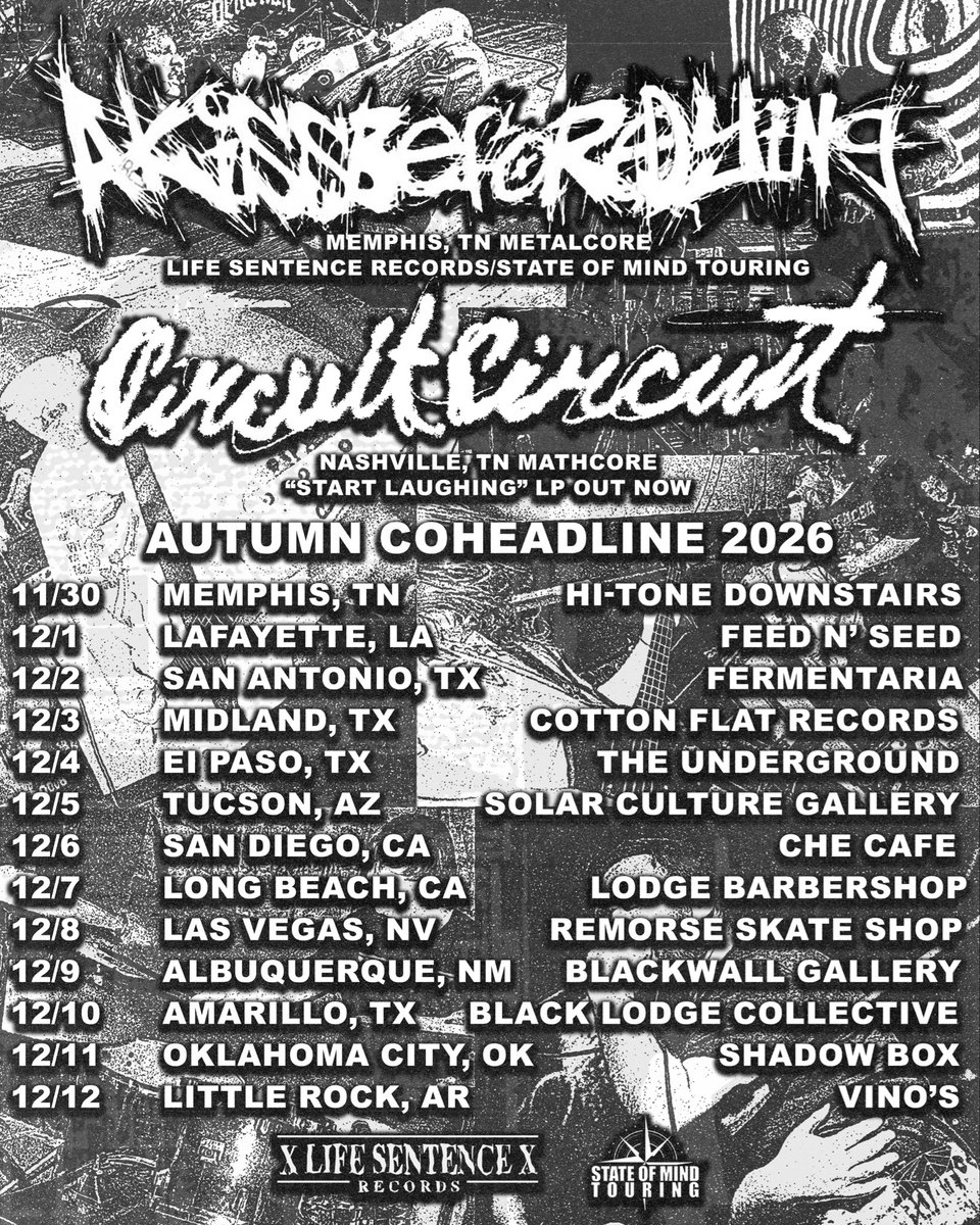 circuit0circuit's tweet photo. WEST COAST 2026 — hitting up a whole bunch of places we’ve never seen before with our friends A Kiss Before Dying. Can’t believe I get to play Che Cafe lol https://t.co/EBgocEwl0u