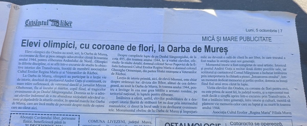 prof_andreigutu's tweet photo. Mulțumesc redacției ziarului „Cuvântul liber” pentru publicarea articolului dedicat vizitei elevilor olimpici din Oradea la Oarba de Mureș. Multe binecuvântări cerești întregii țări! 🇷🇴 https://t.co/xPeFm7qQdA