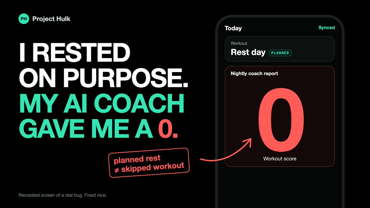 ShriyashishM's tweet photo. I built an AI fitness coach that writes me a report every night.

One day I rested on purpose, like a responsible adult. It gave my workout a 0 😭

Turns out my score defaulted to zero on any day I logged as a deliberate rest day.

The AI wasn't harsh. My code had decided that resting means failing 💀

I fixed it, so a planned rest no longer counts as a skipped workout 🛌

Under the hood: the scores come from plain code over your logs and the AI explains them, so this was a logic bug, not a model having a mood 🧠

What's the most unfair score an app has ever given you? 👇