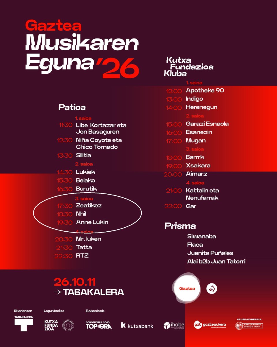 gaztea's tweet photo. 🎶Musikaren Eguneko sarrerak:    

5. Blokea: zeatikez, @nhilband eta @annelukiin 

Eskuratu sarrera👇🏼
https://t.co/fIkVskTrif https://t.co/vss7qXvXak